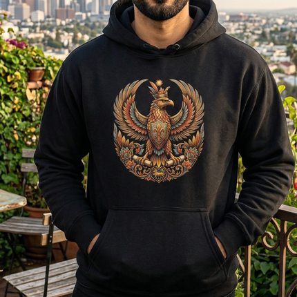 Shabaz Persian Mythology eagle graphic on a black pullover hoodie.