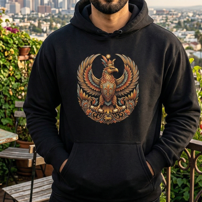 Shabaz Persian Mythology eagle graphic on a black pullover hoodie.