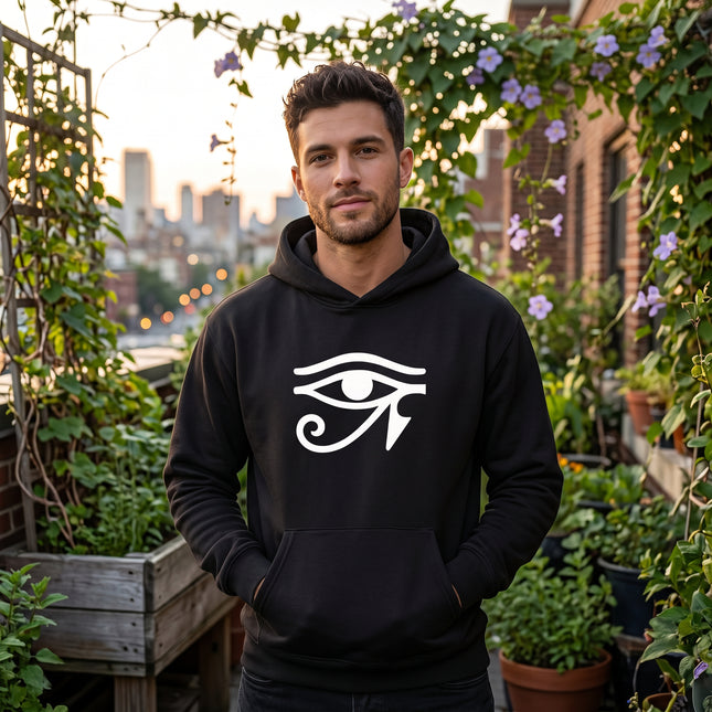 Black Eye of Ra symbol hoodie. Unisex pullover featuring ancient Egyptian mythology graphic.