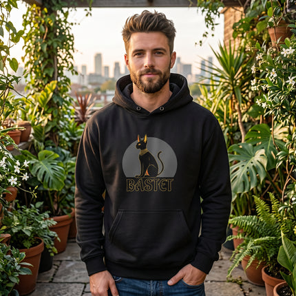 Bastet Egyptian cat goddess graphic on a black pullover hoodie featuring the deity's name.