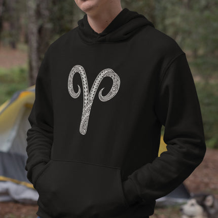 Aries zodiac tribal symbol graphic on black unisex pullover hoodie.