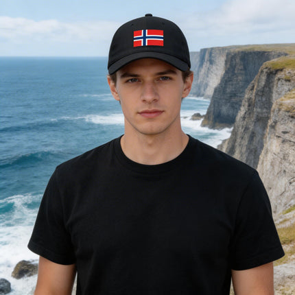 Black baseball cap with the Norwegian flag. Nordic national pride accessory.