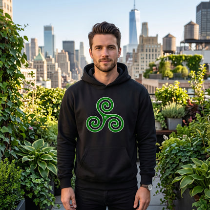 Green Celtic triskelion symbol on black pullover hoodie. Unisex spiral design.
