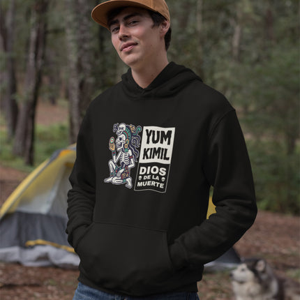 Mayan death god skeleton graphic on black pullover hoodie.