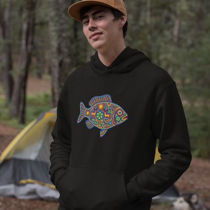Colorful Huichol Mexican folk art hoodie featuring vibrant designs of fish, deer, and sun motifs.