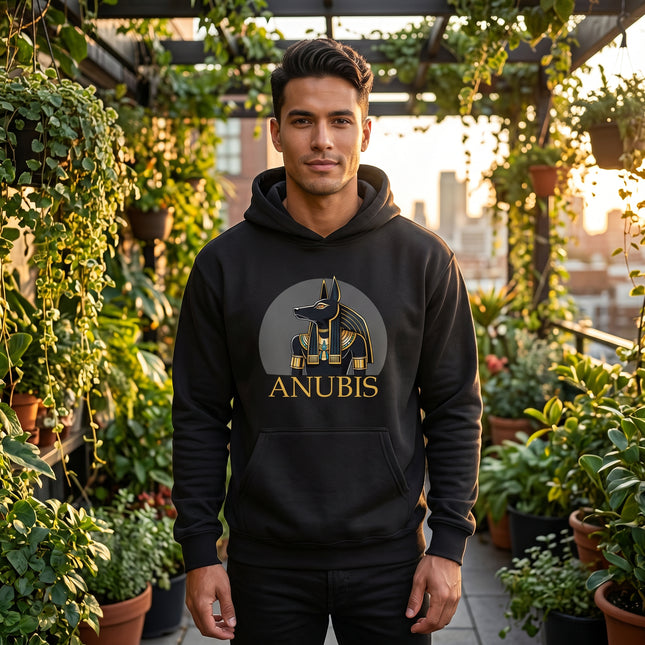 Black Anubis graphic hoodie featuring the Egyptian god with gold detailing.