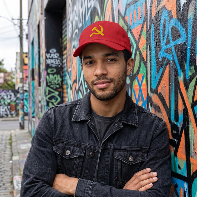 Red baseball cap with embroidered hammer and sickle communist symbol.