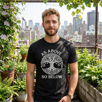 Celtic Tree of Life t-shirt with "As Above So Below" text. Black graphic tee featuring Celtic knotwork.