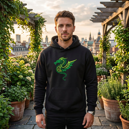Green Celtic dragon knotwork graphic on black pullover hoodie.