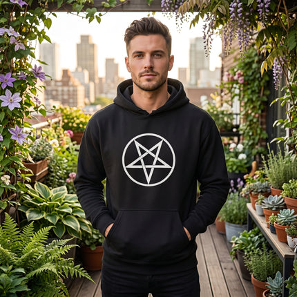 Black graphic hoodie featuring a white inverted pentagram pentacle symbol.