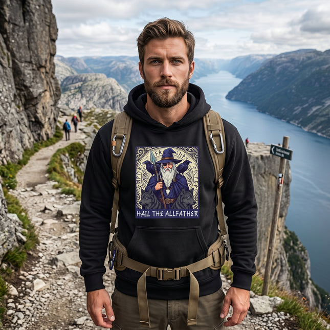 Odin Allfather Norse Viking graphic hoodie featuring runes and mythology art.