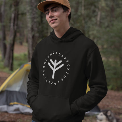 Norse Fehu rune and Elder Futhark alphabet graphic on a black pullover hoodie.