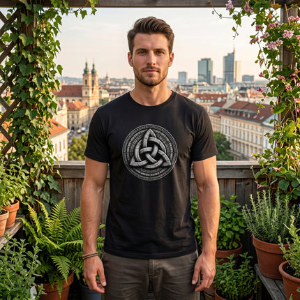 Black t-shirt featuring a detailed Celtic Triquetra knot symbol.