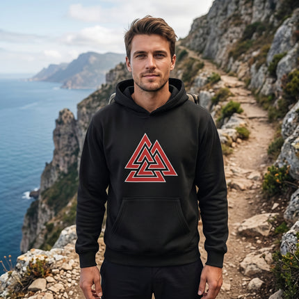 Black hoodie featuring a red Norse Valknut symbol. Unisex Viking mythology graphic apparel.