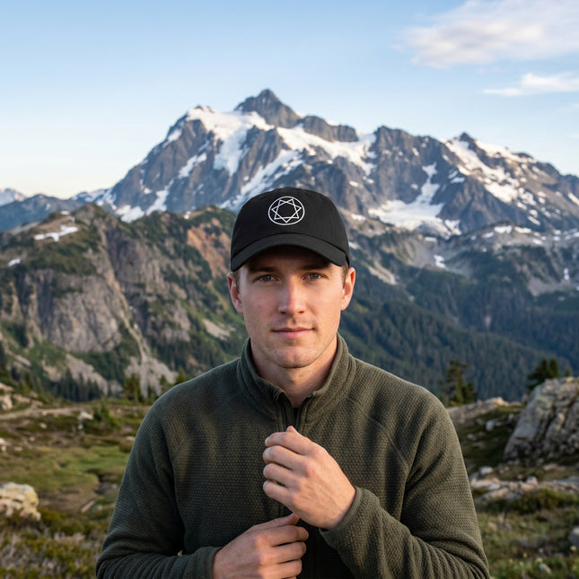 Black baseball cap with embroidered Star of Babalon occult symbol.