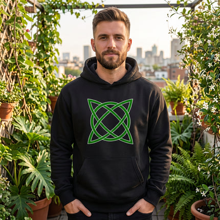 Black hoodie with a vibrant green Celtic knot design. Unisex knotwork pullover sweatshirt.