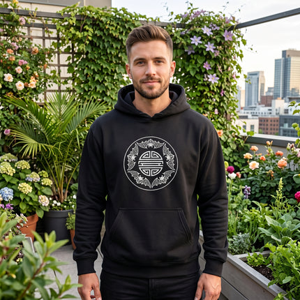Black pullover hoodie with Chinese Five Blessings graphic, symbolizing good fortune and longevity.