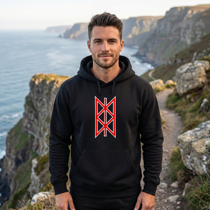 Black Norse Web of Wyrd graphic hoodie featuring a red Viking destiny symbol.