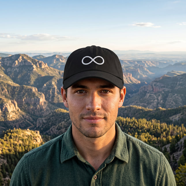 Black baseball cap featuring a white embroidered infinity symbol.