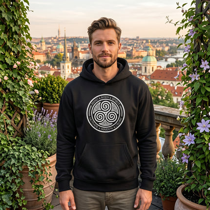 Black hoodie featuring the Celtic triskelion symbol and Mother Maiden Crone goddess design.