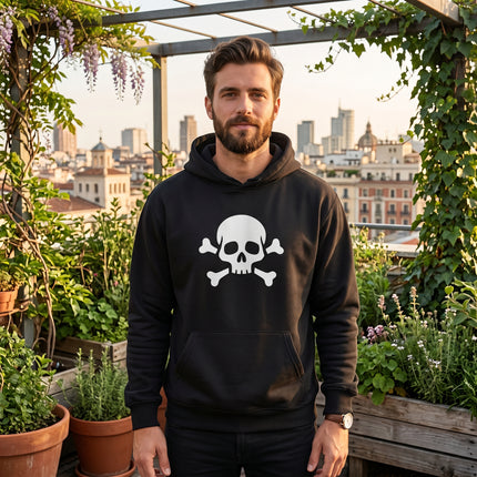 Black hoodie featuring a white skull and crossbones graphic print. Pirate Jolly Roger apparel.