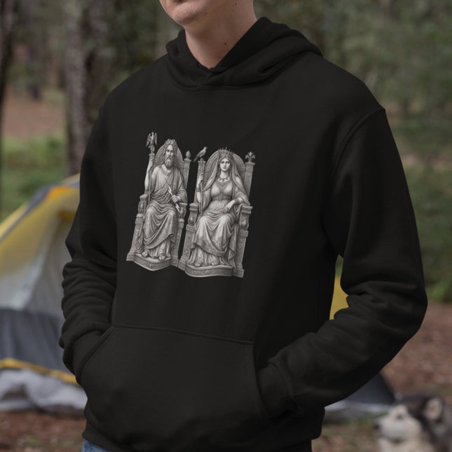 Zeus and Hera Greek mythology drawing on a black pullover hoodie.