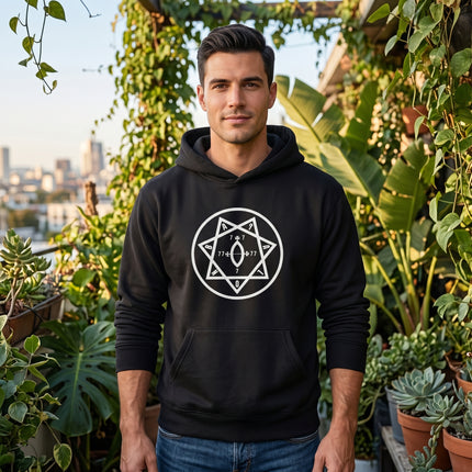 Occult Star of Babalon heptagram sigil graphic on a black unisex hoodie.