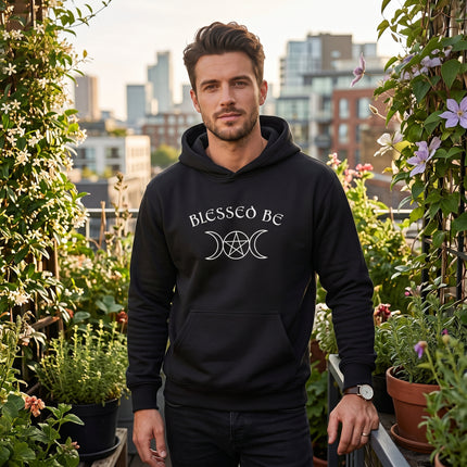 Black hoodie with "Blessed Be" text and a triple moon pentagram graphic.