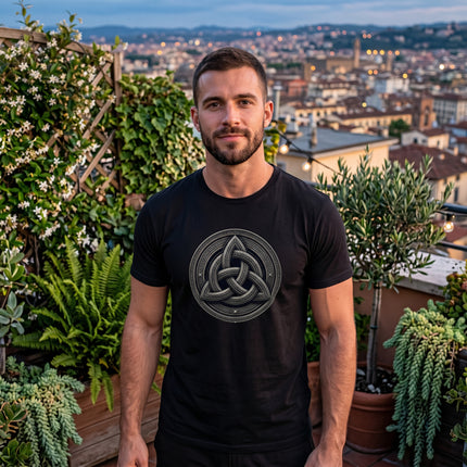 Black graphic tee featuring a prominent Celtic Knot Triquetra symbol.