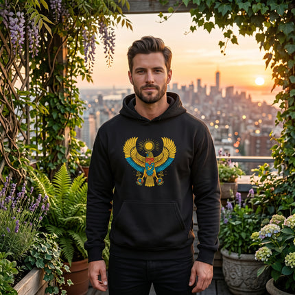 Egyptian Ra Falcon god graphic on black unisex pullover hoodie.