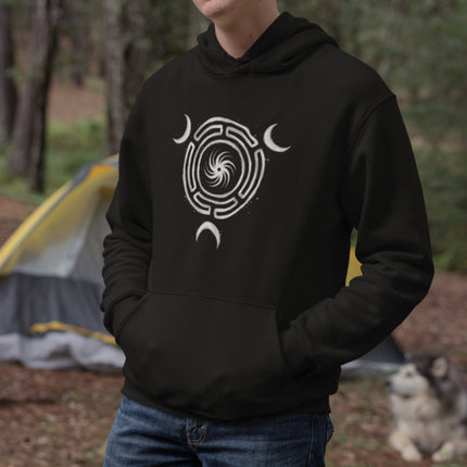 Black hoodie featuring the Hekate Triple Moon Wheel goddess symbol.