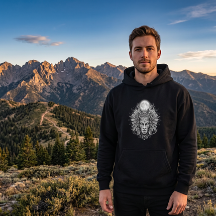 Tribal Moon Mask Hoodie | Celestial Moon Design Pullover