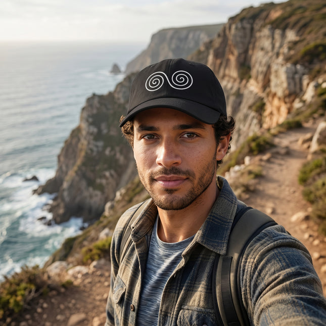 Black baseball cap embroidered with a double spiral Celtic symbol.