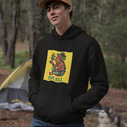 Yum Kax Mayan Corn God artwork pullover hoodie featuring detailed mesoamerican art design.