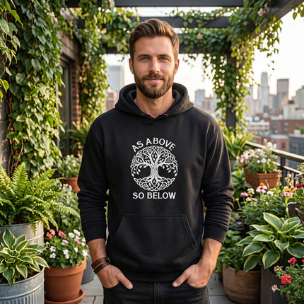 Celtic Tree of Life As Above So Below graphic hoodie, unisex black pullover.