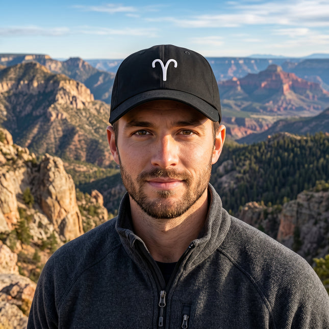 Black embroidered dad hat featuring the Aries zodiac sign symbol.