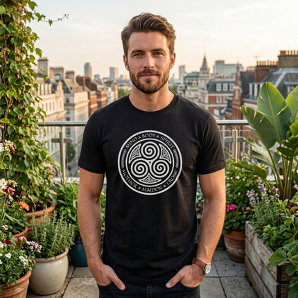 Black t-shirt with Mother Maiden Crone Celtic triskelion symbol and Mind Body Spirit text.