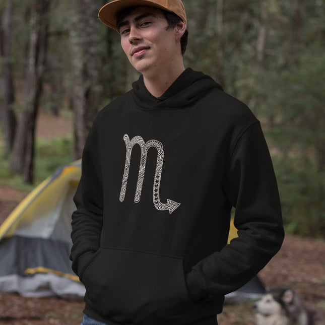 Black hoodie featuring the tribal knotwork scorpio zodiac symbol.