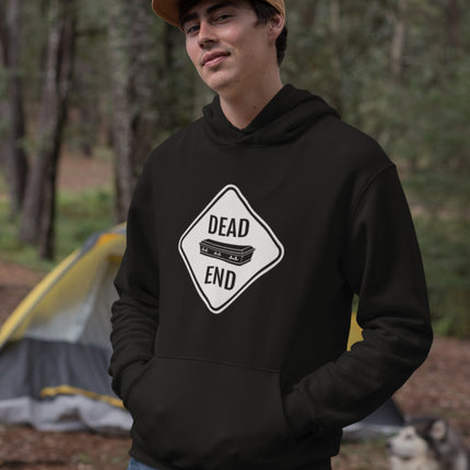 Dead End Coffin road sign graphic printed on dark pullover fleece hoodie.