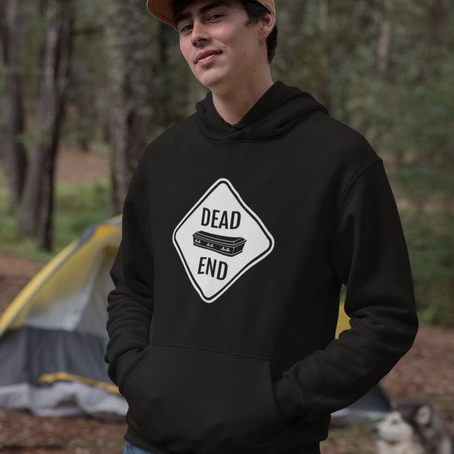Dead End Coffin Road Sign Hoodie | Dark Humor Graphic Print Pullover Fleece