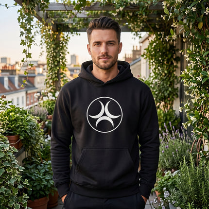Black pullover hoodie with white Celtic Triple Moon symbol graphic. Pagan and Wiccan apparel.