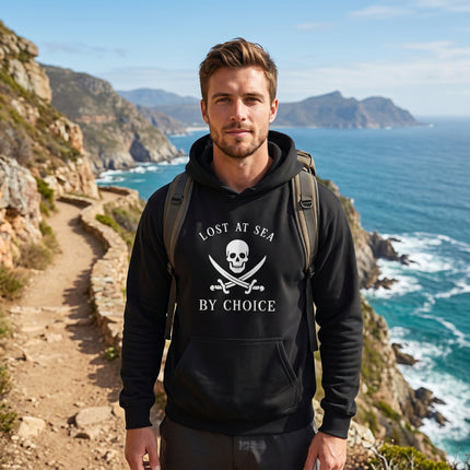 Black Lost At Sea hoodie featuring a skull and crossed swords nautical graphic.