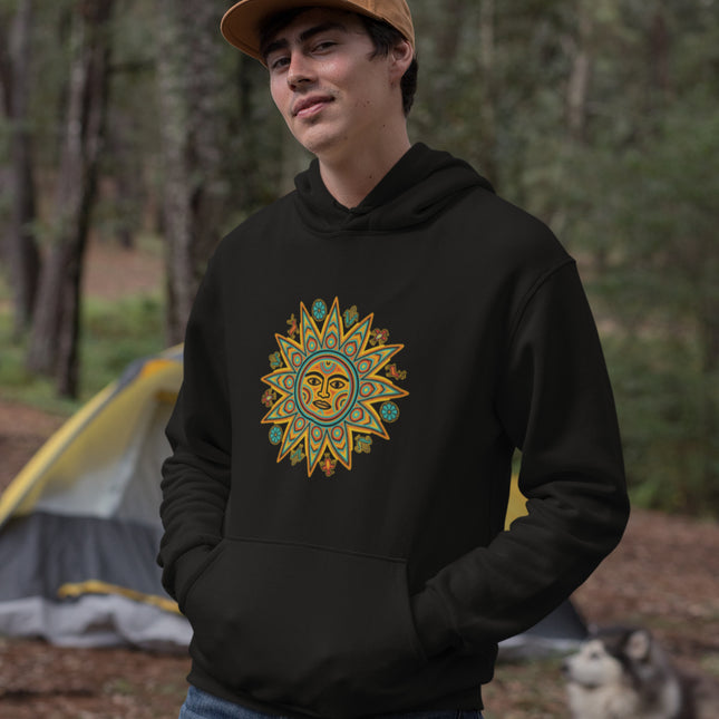 Huichol Sun Hoodie | Colorful Indigenous Mexican Art Graphic Pullover Fleece