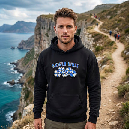 Black SHIELD WALL Norse Viking graphic hoodie featuring interconnected shields. Unisex warrior pullover.