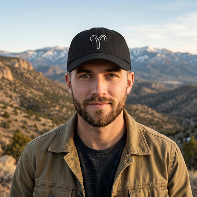 Aries zodiac symbol embroidered on a black baseball cap.