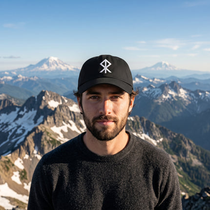 Black baseball cap with white embroidered Bind Rune sigil. Norse mythology streetwear hat.