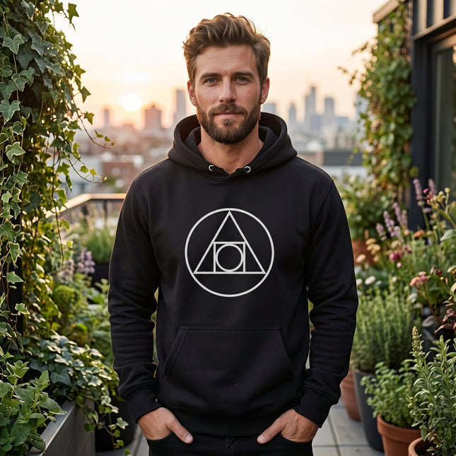 Black hoodie featuring a white sacred geometry symbol for alchemy and esoteric wear.