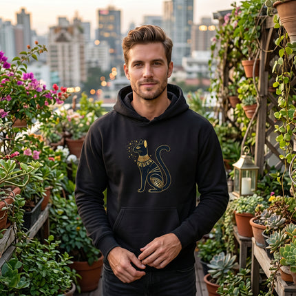 Gold Bastet cat graphic on black hoodie. Ancient Egyptian goddess apparel.