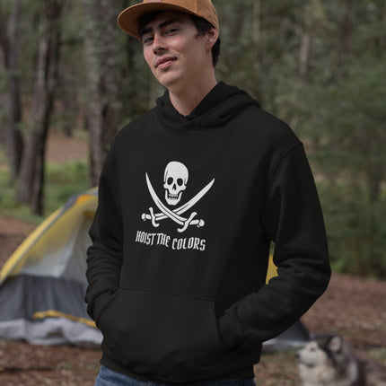 Pirate skull crossed swords "Hoist The Colors" graphic pullover hoodie.
