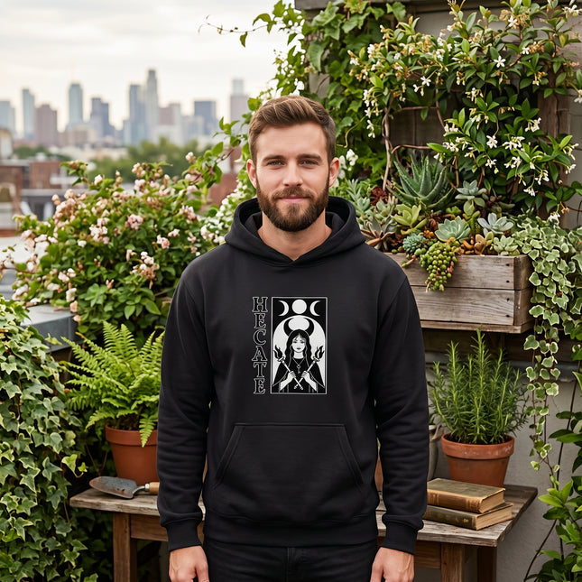 Hecate Goddess Triple Moon witchcraft symbol on black pullover hoodie.